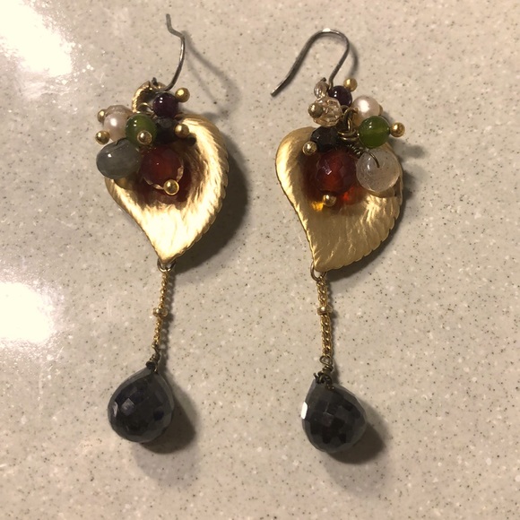 Gold Leaf Dangle Drop Earrings - Picture 1 of 4